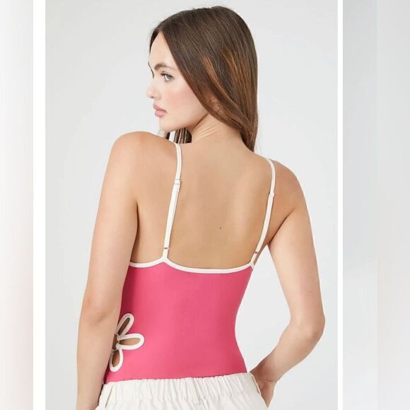 Forever 21 Flower Cutout Cami Bodysuit- white/Pink - Picture 4 of 8